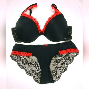 Felina bra and panty set, black and red, bra size 36D, panty, size medium